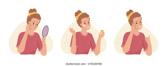 Beautiful young woman girl with two different skin conditions: acne, pimples, blackheads and healthy skin. Skincare and dermatology. Face mask, cream. Teenager skin. Flat cartoon vector illustration