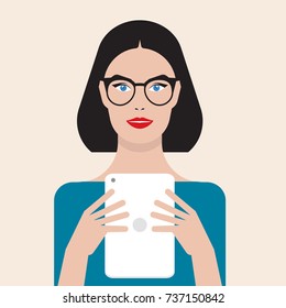 Beautiful young woman in glasses holding tablet in hands, detailed flat style vector illustration isolated on stylish background