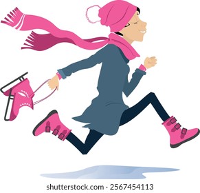 Beautiful young woman goes to ice skating.
Winter activities concept. Cold weather. Running young woman holding ice skates. Illustration over white background
