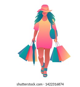 Beautiful young woman goes on sales with large shopping bags. Girl in a dress and a hat with multi-colored packages in their hands. Gradient flet, delicate bright colors, vector isolated illustration