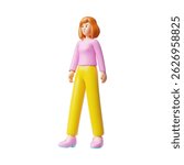 Beautiful young woman goes, walks 3D plastic style illustration. Cartoon smiling lady full length. Vector happy female character portrait in casual clothes, office worker isolated. Volume doll toy