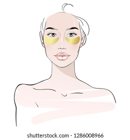 Beautiful young woman with golden eye patch. Skin care routine. Fashion woman sketch.  Spa beauty concept. Vector illustration. Hand drawn fashion illustration.