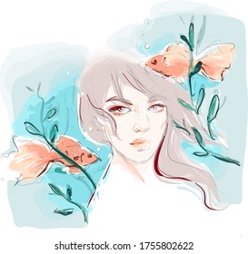 Beautiful young woman with goldfishes drawing sketch. Fashion art wallpaper. 