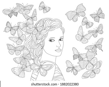beautiful young woman and greek hairstyle looking over her shoulder surrounded by flying butterflies for your coloring page