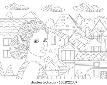 beautiful young woman and greek hairstyle looking over her shoulder against cityscape for your coloring page
