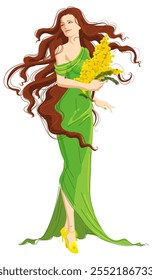 Hermosa mujer joven en vestido verde con ramo de mimosa amarillo 8 de marzo Día de la Mujer. Vector ilustración de dibujos animados