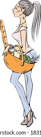 Beautiful young woman with a grocery bag. French baguette,vector illustration isolated on a white background..