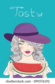 Beautiful young woman in had and watermelon, retro style. art summer holiday. Vector eps10 illustration