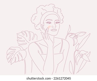 Beautiful young woman with hair band skin care on her face, with flowers and leaves plants background, Linear logo minimalist style, 
organic cosmetic skin care banner. Vector design illustration.