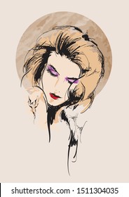 Beautiful young woman with hairstyle and closed eyes. Fashion sketch. Fashion girls face. Hand-drawn fashion model. Woman face on a brown background. Cosmetics.