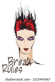 Beautiful young woman with hairstyle and closed eyes. Fashion sketch. Fashion girls face. Hand-drawn fashion model. Woman face on a white background. Cosmetics.