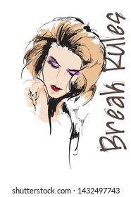 Beautiful young woman with hairstyle and expressive look. Fashion sketch. Fashion girls face. Hand-drawn fashion model. Woman face on a white background. Cosmetics.