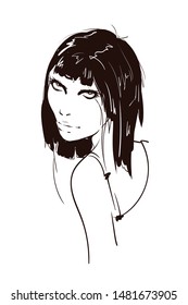 Beautiful young woman with hairstyle and expressive look. Fashion sketch. Fashion girls face. Hand-drawn fashion model. Woman face on a white background. Cosmetics.