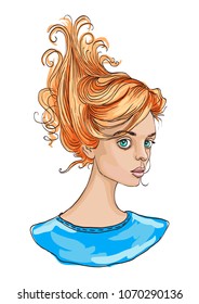 Beautiful young woman with hairstyle on her head. Fashion portrait of a woman. Hand drawn sketch. Vector illustration isolated on white background.