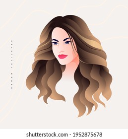 Beautiful young woman half turned  face with long golden hair, Simple girl with charming expression and open eyes, Vector illustration of female model, Fashion and beauty.