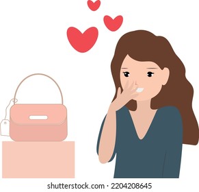 Beautiful young woman in handbag. Fashion online shop lover. Isolated in cute color. Icon with red heart. Confused and happy, She wants to take the bag on discount. Illustration for romantic design.