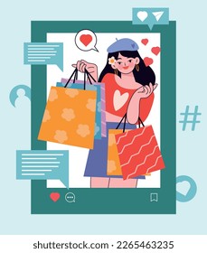 beautiful young woman happily shopping with shopping bags. 8 March international women's day concept flat vector illustration. social media concept. 
