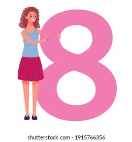 beautiful young woman happy lifting number eight vector illustration design