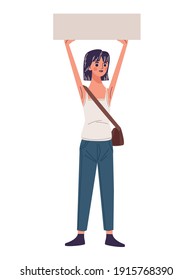 beautiful young woman happy lifting protest banner character vector illustration design