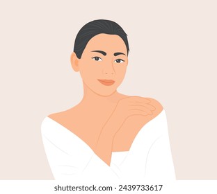 Beautiful young woman happy with radiant facial skin. Vector illustration, health care or beauty concept.