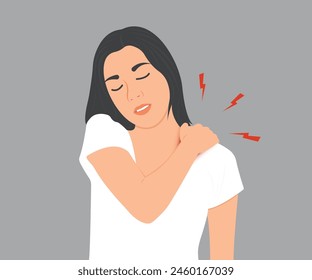 Hermosa mujer joven tiene fatiga y dolor en los músculos del hombro y el cuello. Ilustración vectorial.