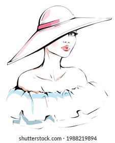 Beautiful young woman in hat. Fashion girl. Fashion illustration.