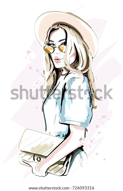 帽子をかぶった美しい若い女性 サングラスをかけたファッションレディー スタイリッシュな女性のポートレート スケッチ ベクターイラスト のベクター画像素材 ロイヤリティフリー