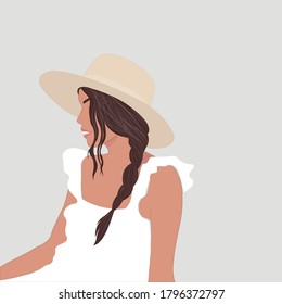 Hermosa joven con sombrero. Mujer de moda. Retrato femenino elegante. Ilustración vectorial.