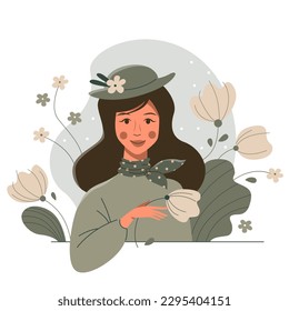 Beautiful young woman in a hat and a neckerchief. Cute cartoon girl with a flower.	
