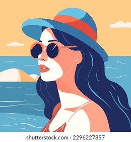 Beautiful young woman in a hat and sunglasses on the beach. Vector illustration.