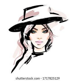 Beautiful young woman in hat vector drawing sketch. Fashion portrait illustration.