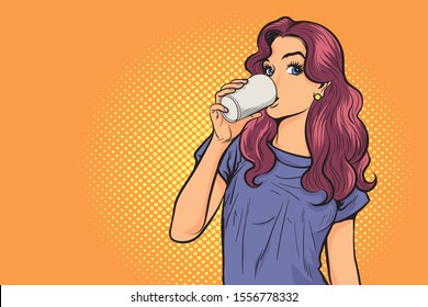 Beautiful Young Woman Having Drinking In The Morning.Retro Lady With Glass Of Water. Vector Illustration In Retro Vintage Pop Art Comic Style