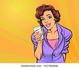 Beautiful Young Woman Having Drinking In The Morning.Retro Lady With Glass Of Water. Vector Illustration In Retro Vintage Pop Art Comic Style