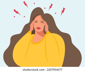 A Beautiful And Young Woman. Headache. The Woman Has A Headache, Migraine. Cartoon Vector Illustration.