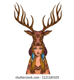 Beautiful young woman in a headdress in the form of a deer head. Vector illustration isolated on white background for tattoos, posters, print on T-shirts and other items.