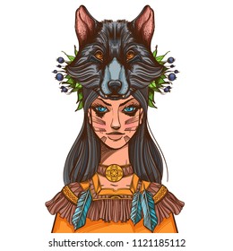 Beautiful young woman in a headdress in the form of a wolf's head. Vector illustration isolated on white background for tattoos, posters, print on T-shirts and other items.