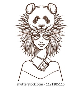 Beautiful young woman in a headdress in the form of a panda head. Outline vector illustration isolated on white background for tattoos, posters, print on T-shirts and other items.