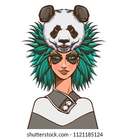 Beautiful young woman in a headdress in the form of a panda head. Vector illustration isolated on white background for tattoos, posters, print on T-shirts and other items.