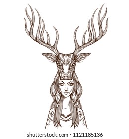 Beautiful young woman in a headdress in the form of a deer head. Outline vector illustration isolated on white background for tattoos, posters, print on T-shirts and other items.