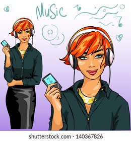 Beautiful young woman in headphones listening to music, isolated. Vector illustration with sample text
