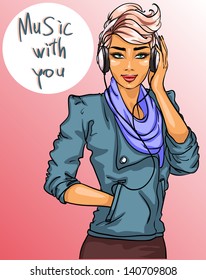 Beautiful young woman in headphones listening to music, isolated. Vector illustration with sample text