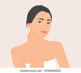 Beautiful young woman with healthy, radiant skin. Vector illustration with beauty or health care ideas.