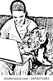 Linda jovem mulher e seu cão grande sentado no sofá e usando o laptop em casa, o cão é muito atento ao que aconteceu no laptop da tela