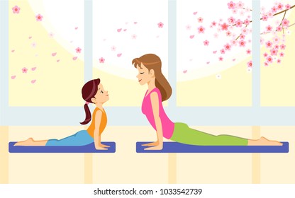 Beautiful young woman and her charming little daughter are smiling while doing yoga together at home. Concept motherhood child-rearing. Vector illustration