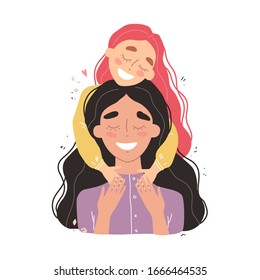 Hermosa joven mujer y su encantadora pequeña hija. Las chicas abrazan a mamá y sonríen. Ilustración vectorial en estilo moderno