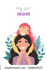 Hermosa joven mujer y su encantadora pequeña hija. Las chicas abrazan a mamá y sonríen. Ilustración vectorial en estilo moderno