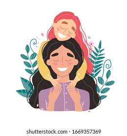 Beautiful young woman and her charming little daughter. Girl hugs mom and smiles. Vector illustration in trendy style