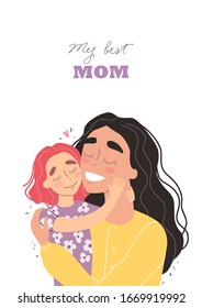 Beautiful young woman and her charming little daughter. Girl hugs mom and smiles. Vector illustration in trendy style