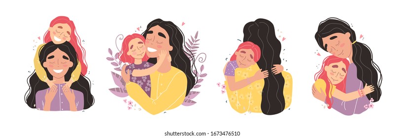 Hermosa joven mujer y su encantadora pequeña hija. Las chicas abrazan a mamá y sonríen. Ilustración vectorial en estilo moderno. Conjunto de ilustraciones para el día de la madre