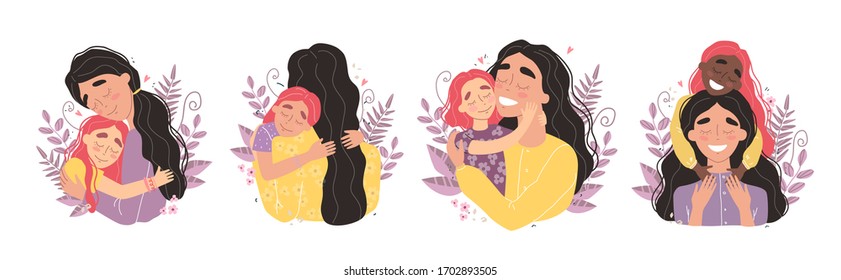 Beautiful young woman and her charming little daughter. Girl hugs mom and smiles. Vector illustration in trendy style. Set of illustrations for mothers day